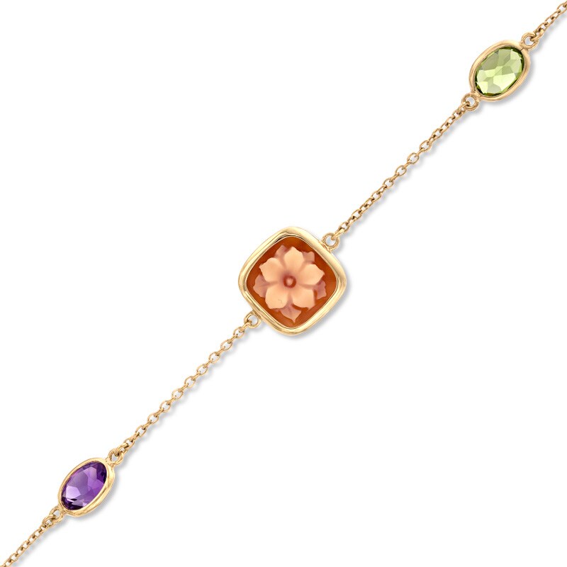 Main Image 1 of 10.0mm Orange Flower Cameo, Amethyst and Peridot Bracelet in Sterling Silver with 10K Gold Plate - 7.25"