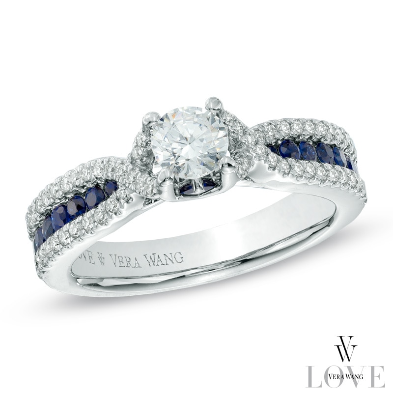 Vera Wang Love Collection 3/4 CT. T.W. Diamond and Blue Sapphire Engagement Ring in 14K White Gold
