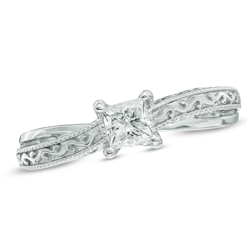Main Image 1 of Vera Wang Love Collection 1/2 CT. Princess-Cut Diamond Solitaire Scroll Engagement Ring in 14K White Gold