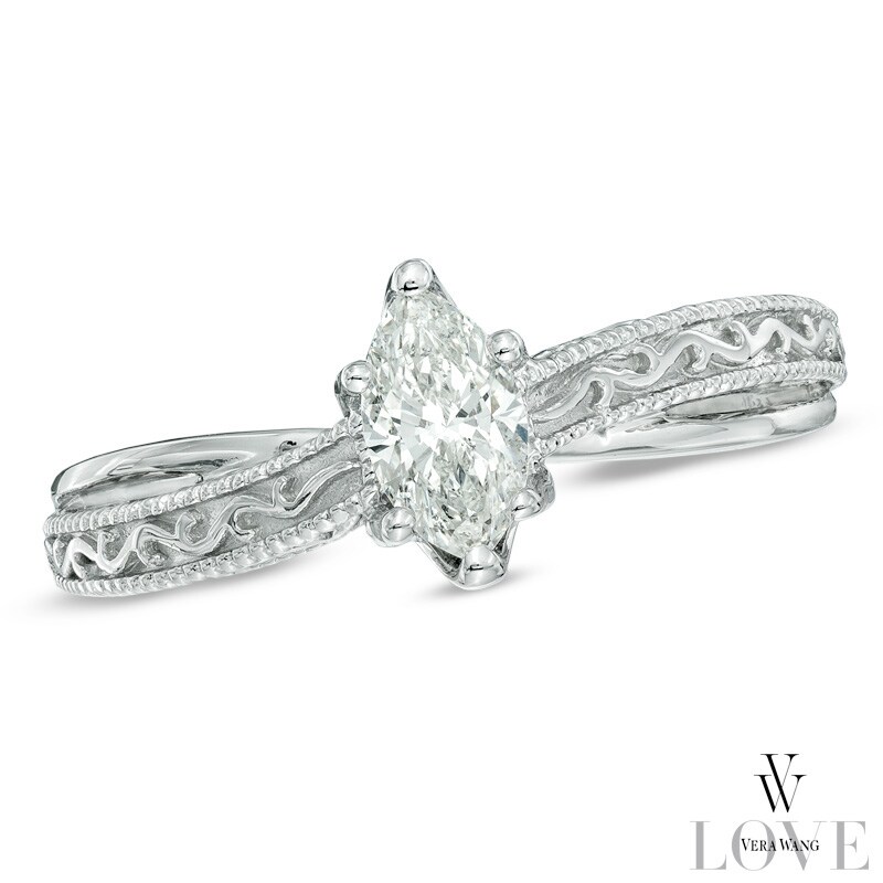 Main Image 1 of Vera Wang Love Collection 1/2 CT. Marquise Diamond Solitaire Scroll Engagement Ring in 14K White Gold