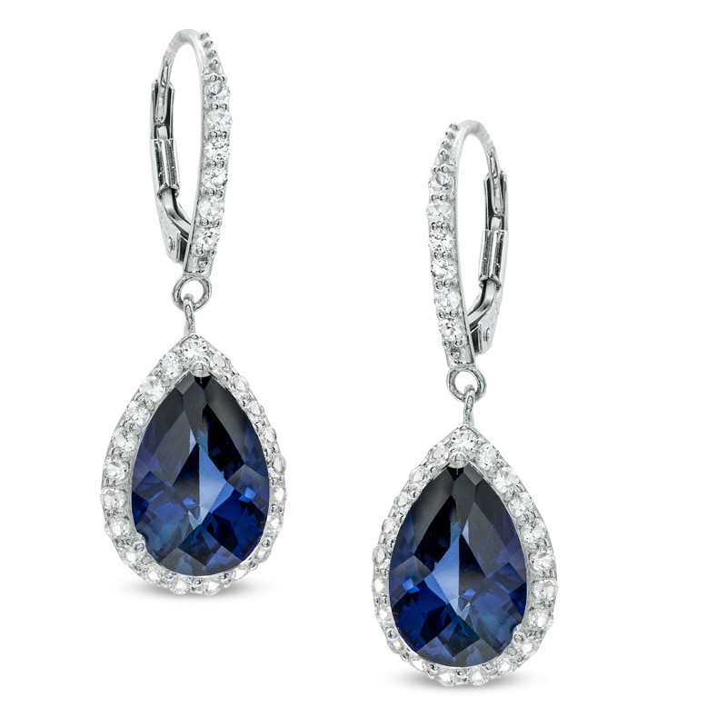 Main Image 1 of Pear-Shaped Lab-Created Blue and White Sapphire Frame Drop Earrings in Sterling Silver