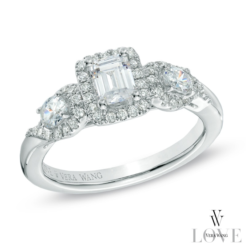 Main Image 1 of Vera Wang Love Collection 1 CT. T.W. Emerald-Cut Diamond Three Stone Engagement Ring in 14K White Gold