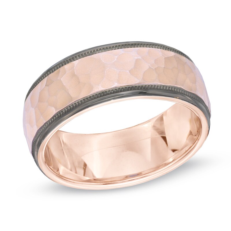 Men's 8.0mm Hammered Wedding Band in 10K Rose Gold with Black Rhodium Edges