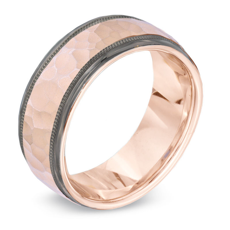 Main Image 2 of Men's 8.0mm Hammered Wedding Band in 10K Rose Gold with Black Rhodium Edges