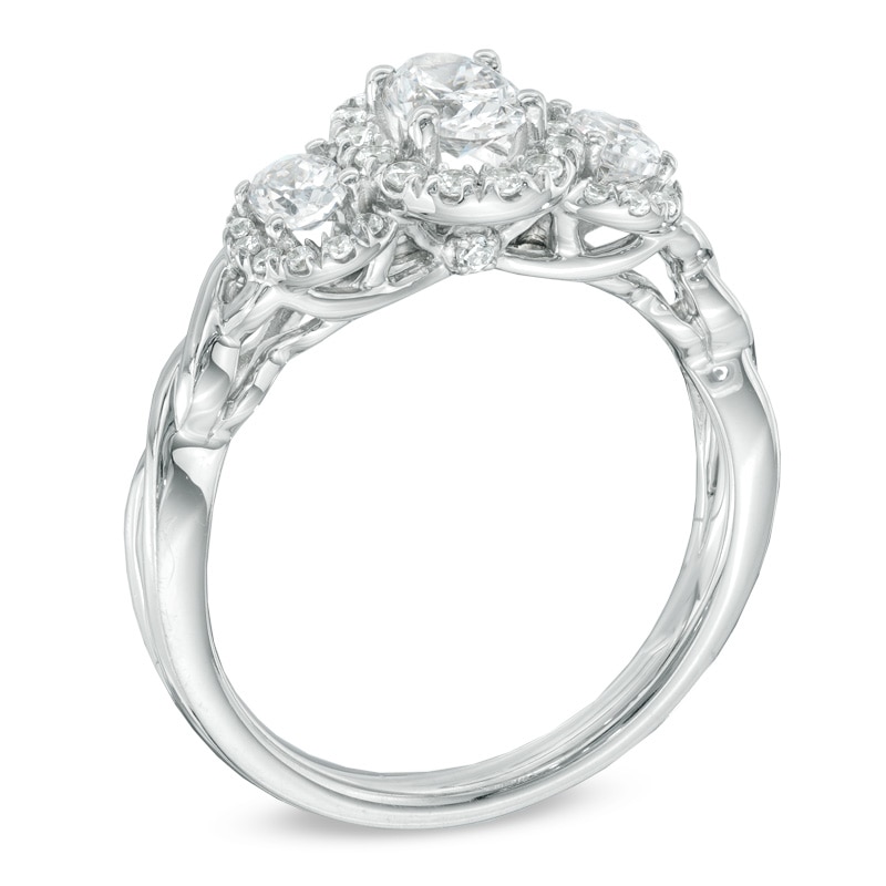 Celebration Ideal 1 CT. T.W. Oval Diamond Three Stone Engagement Ring in 14K White Gold (I/I1)
