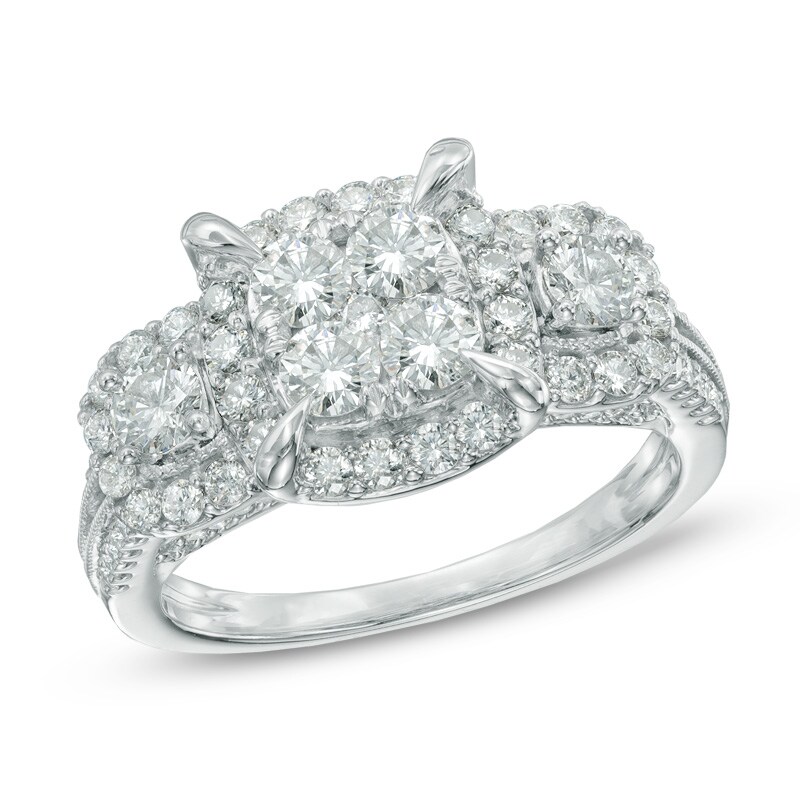 1-1/2 CT. T.W. Quad Diamond Frame Three Stone Engagement Ring in 14K White Gold