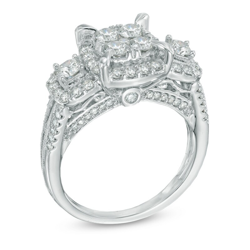 1-1/2 CT. T.W. Quad Diamond Frame Three Stone Engagement Ring in 14K White Gold