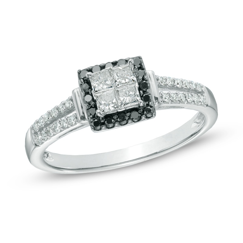 Main Image 1 of 1/2 CT. T.W. Quad Enhanced Black and White Diamond Frame Engagement Ring in 10K White Gold
