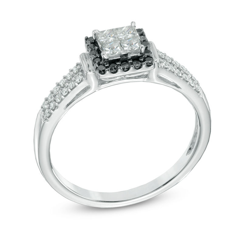 Main Image 2 of 1/2 CT. T.W. Quad Enhanced Black and White Diamond Frame Engagement Ring in 10K White Gold