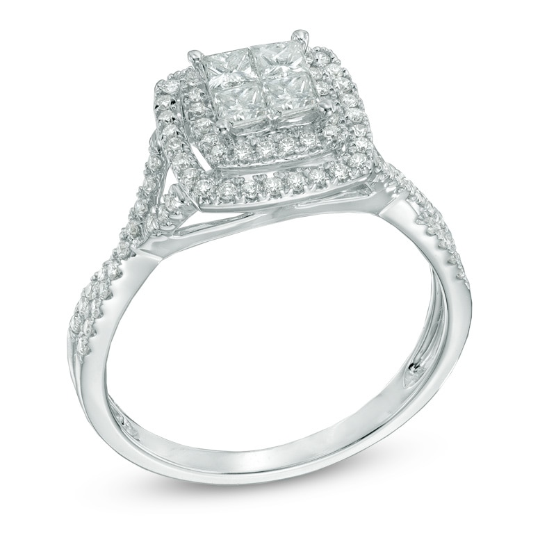 3/4 CT. T.W. Quad Princess-Cut Diamond Double Frame Twist Engagement Ring in 14K White Gold