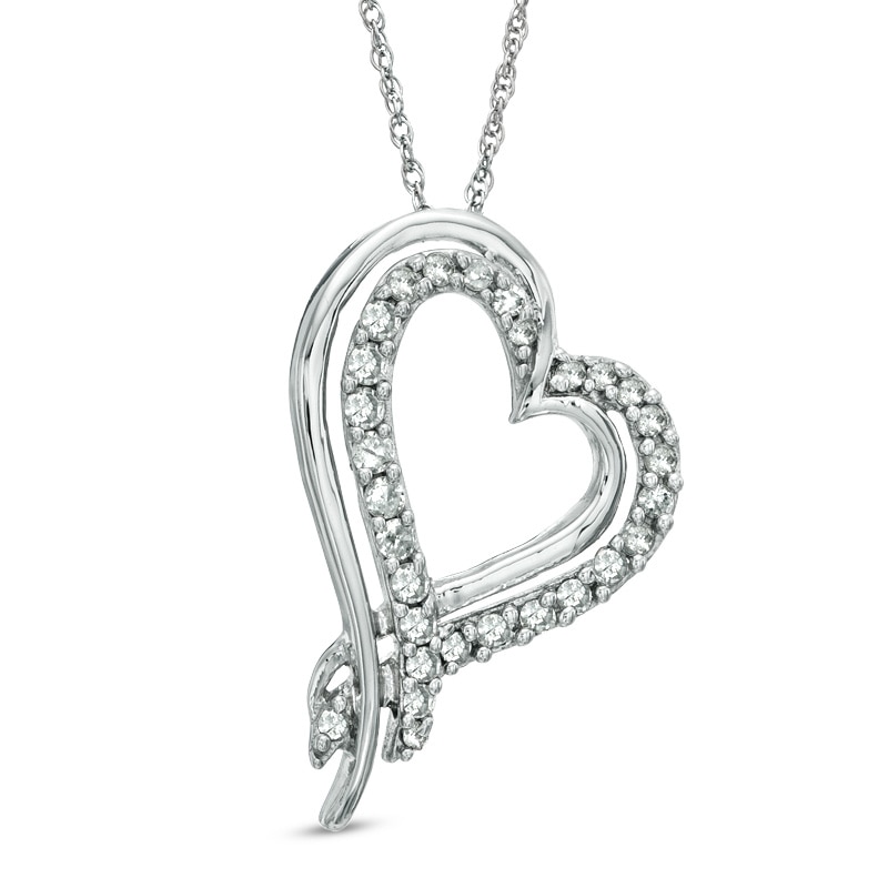 Main Image 1 of 1/4 CT. T.W. Diamond Tilted Ribbon Heart Pendant in 10K White Gold