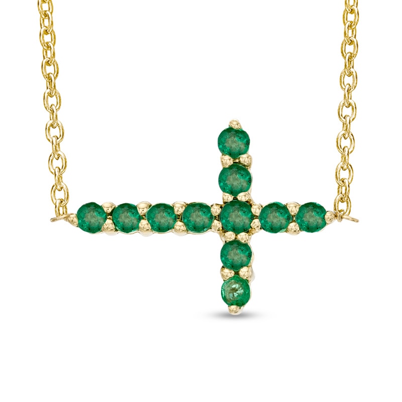 Main Image 1 of Emerald Sideways Cross Necklace in 10K Gold