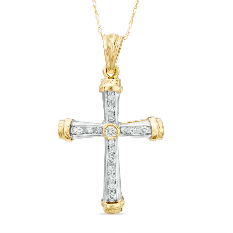 1 4 Ct T W Diamond Cross Pendant In 10k Two Tone Gold Clearance T W Diamond Cross Pendant In 10k Two Tone Gold