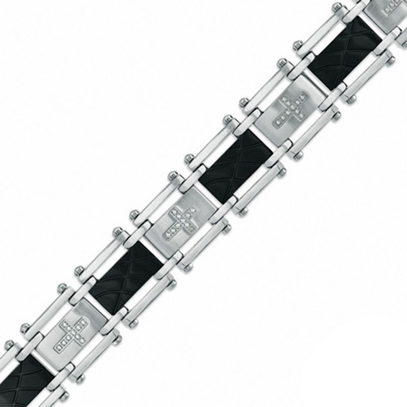 Main Image 1 of Men's 1/4 CT. T.W. Diamond Cross Bracelet in Two-Tone Stainless Steel - 8.5"