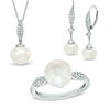 Thumbnail Image 0 of 8.0-9.0mm Cultured Freshwater Pearl and Lab-Created White Sapphire Pendant, Ring and Earrings Set in Sterling Silver
