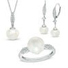 Thumbnail Image 1 of 8.0-9.0mm Freshwater Cultured Pearl and Lab-Created White Sapphire Pendant, Ring and Earrings Set in Sterling Silver