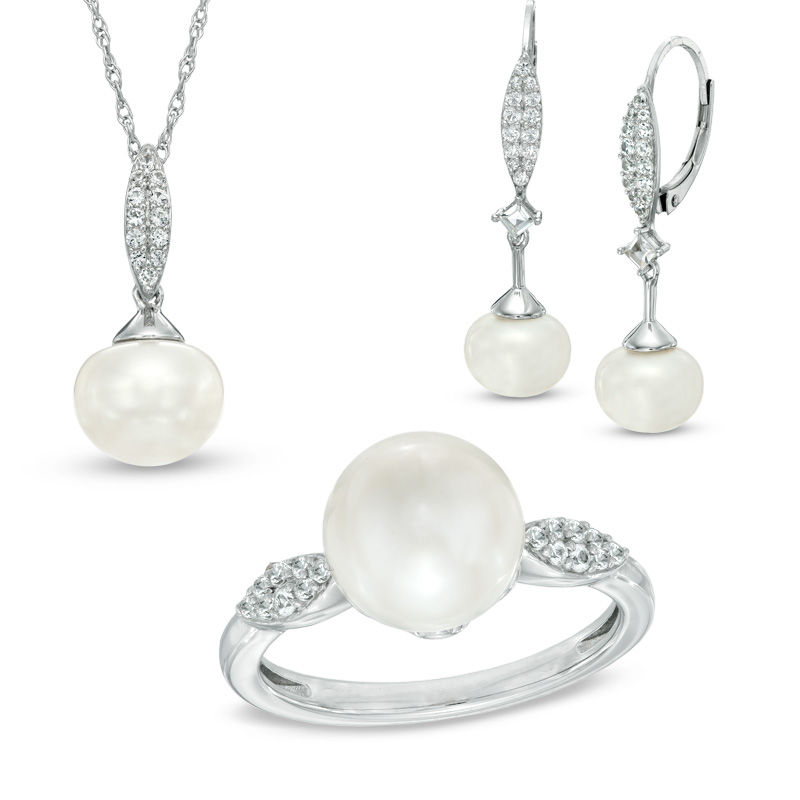 8.0-9.0mm Cultured Freshwater Pearl and Lab-Created White Sapphire Pendant, Ring and Earrings Set in Sterling Silver