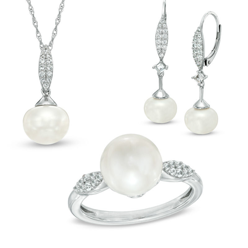 Main Image 1 of 8.0-9.0mm Freshwater Cultured Pearl and Lab-Created White Sapphire Pendant, Ring and Earrings Set in Sterling Silver