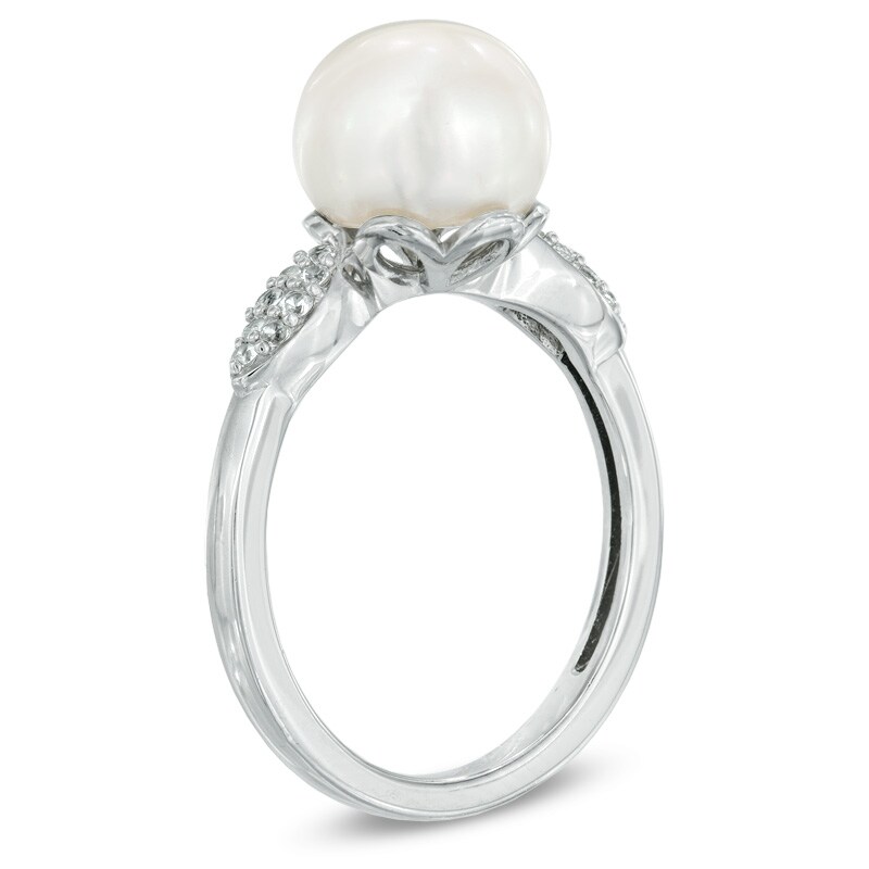 Main Image 2 of 8.0-9.0mm Freshwater Cultured Pearl and Lab-Created White Sapphire Pendant, Ring and Earrings Set in Sterling Silver