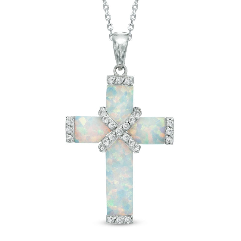 Main Image 1 of Lab-Created Opal and White Sapphire Wrap Cross Pendant in Sterling Silver
