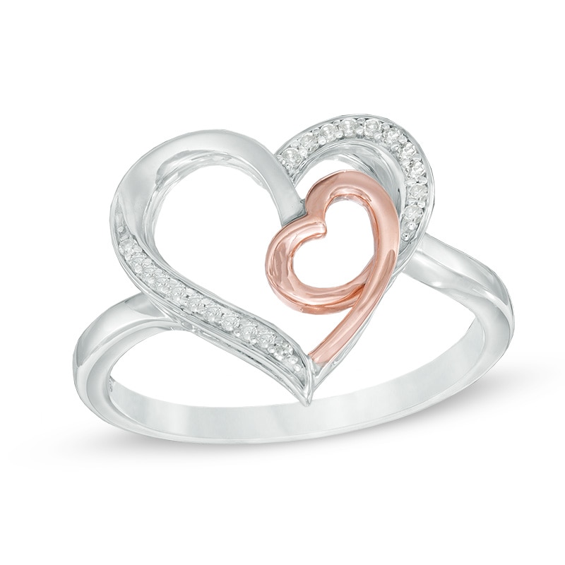 Diamond Accent Looping Double Heart Ring in Sterling Silver and 10K Rose Gold