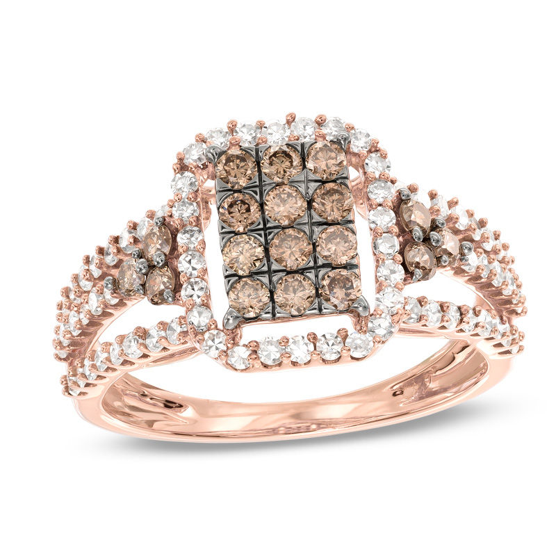 1 CT. T.W. Champagne and White Diamond Frame Tri-Sides Ring in 10K Rose Gold