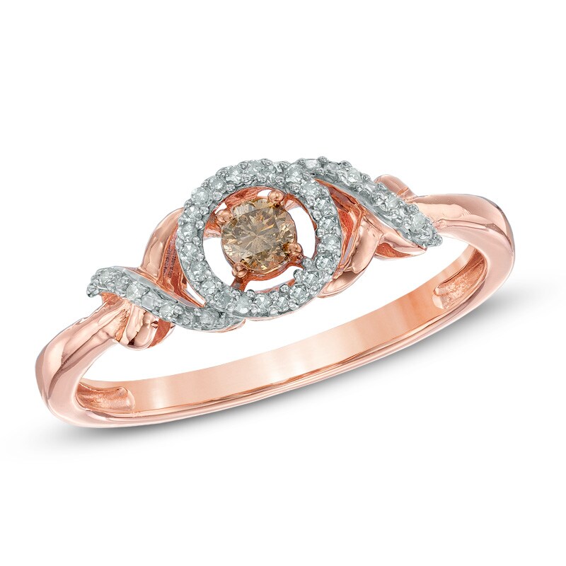Main Image 1 of 1/6 CT. T.W. Champagne and White Diamond Open Frame Cross Sides Ring in 10K Rose Gold
