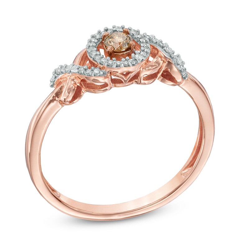 Main Image 2 of 1/6 CT. T.W. Champagne and White Diamond Open Frame Cross Sides Ring in 10K Rose Gold