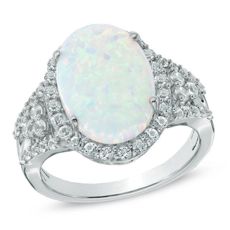 Oval Lab-Created Opal and White Sapphire Frame Ring in Sterling Silver