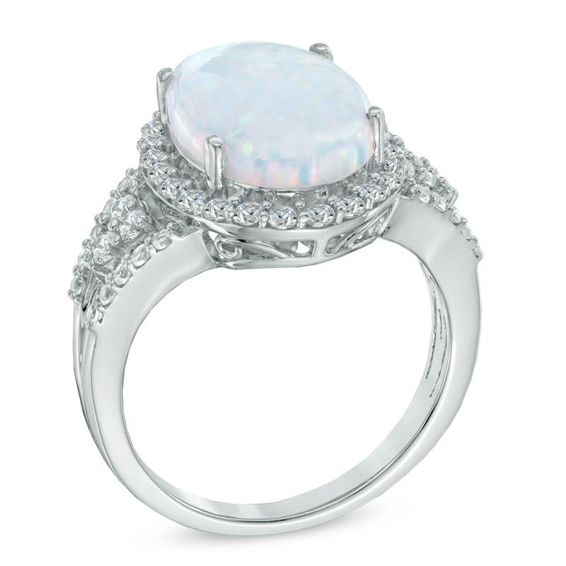 Oval Lab-Created Opal and White Sapphire Frame Ring in Sterling Silver