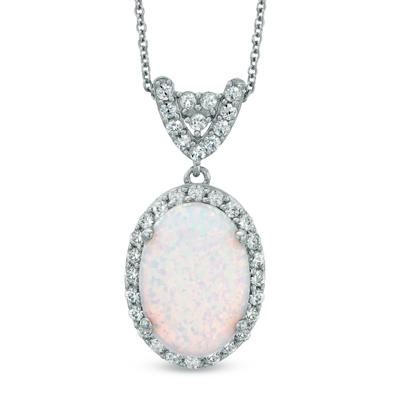 Oval Lab-Created Opal and White Sapphire Frame Drop Pendant in Sterling Silver