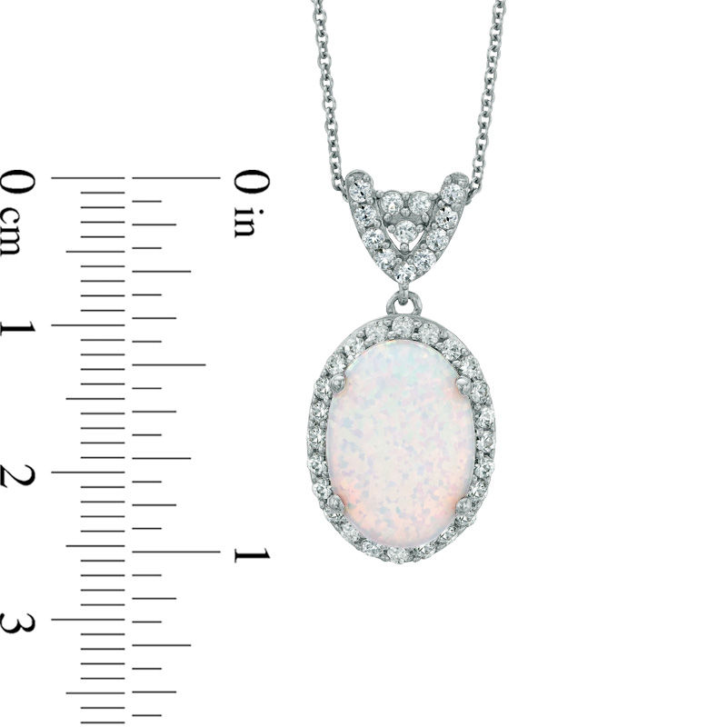 Oval Lab-Created Opal and White Sapphire Frame Drop Pendant in Sterling Silver