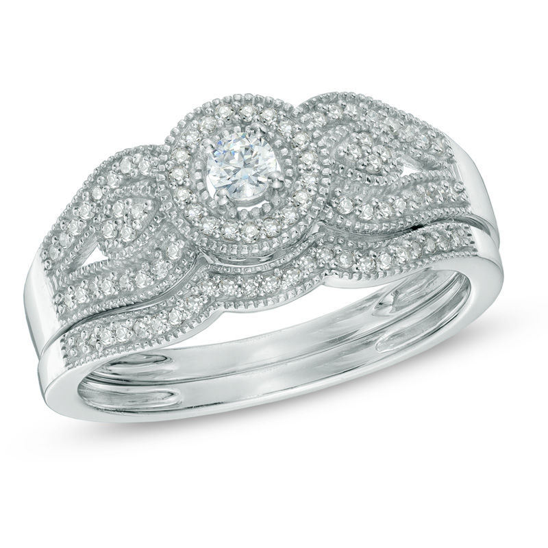 Main Image 1 of 1/4 CT. T.W. Diamond Vintage-Style Frame Bridal Set in 10K White Gold