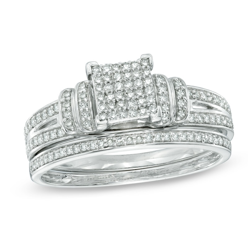 Main Image 1 of 1/3 CT. T.W. Diamond Square Composite Double Collar Bridal Set in 10K White Gold