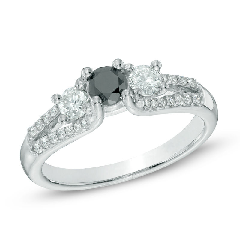 3/4 CT. T.W. Enhanced Black and White Diamond Three Stone Split Shank Ring in 14K White Gold