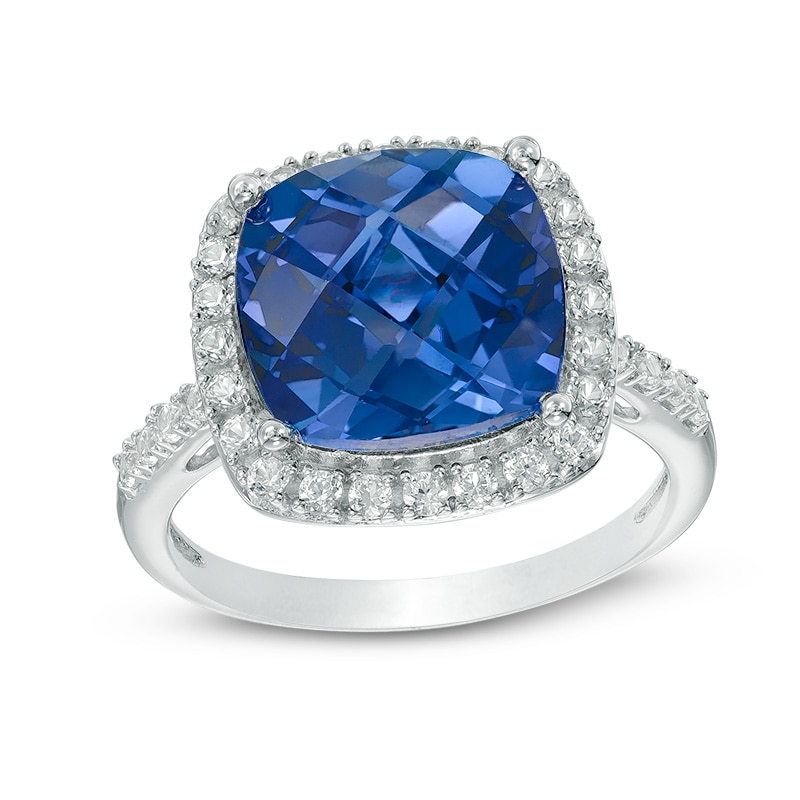 11.0mm Cushion-Cut Lab-Created Blue and White Sapphire Frame Ring in Sterling Silver