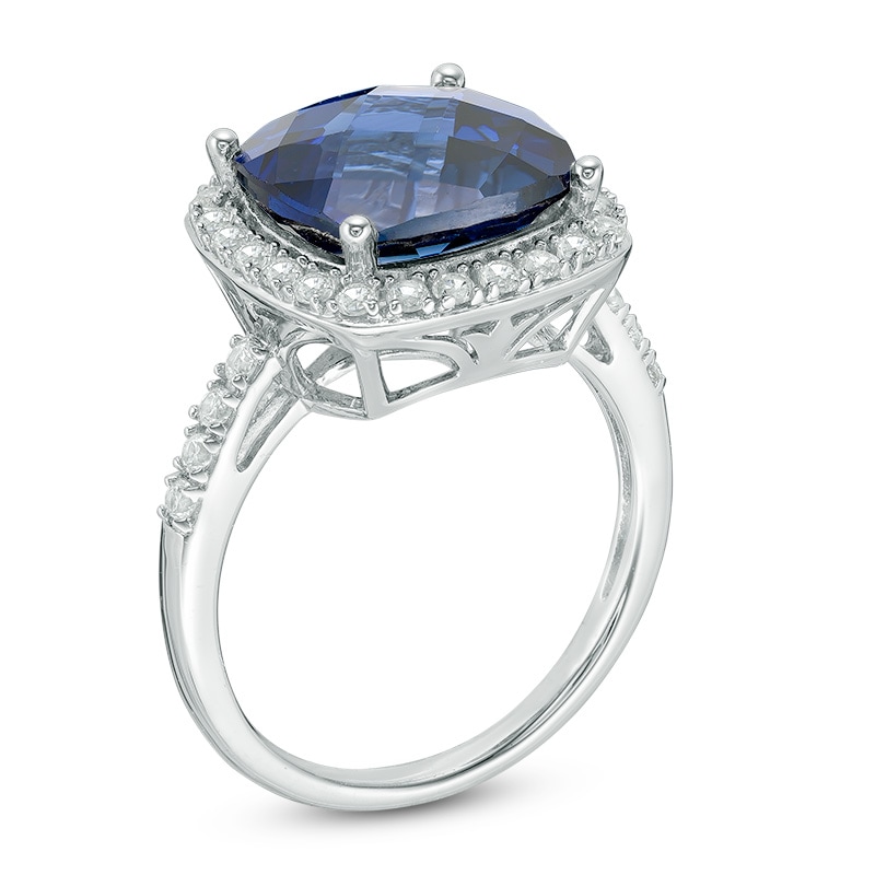Main Image 2 of 11.0mm Cushion-Cut Lab-Created Blue and White Sapphire Frame Ring in Sterling Silver