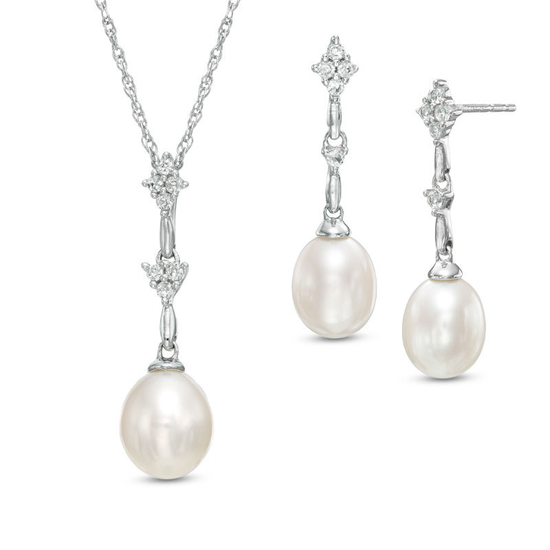 Main Image 1 of 6.5-8.0mm Freshwater Cultured Pearl and Lab-Created White Sapphire Pendant and Drop Earrings Set in Sterling Silver