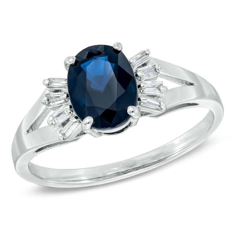 Main Image 1 of Oval Blue Sapphire and 1/8 CT. T.W. Diamond Ring in 14K White Gold