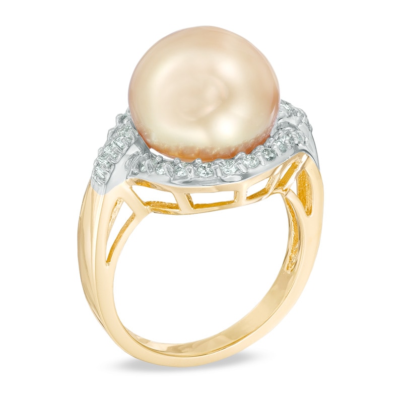 12.0mm Golden Cultured South Sea Pearl and 5/8 CT. T.W. Diamond Frame Ring in 14K Gold