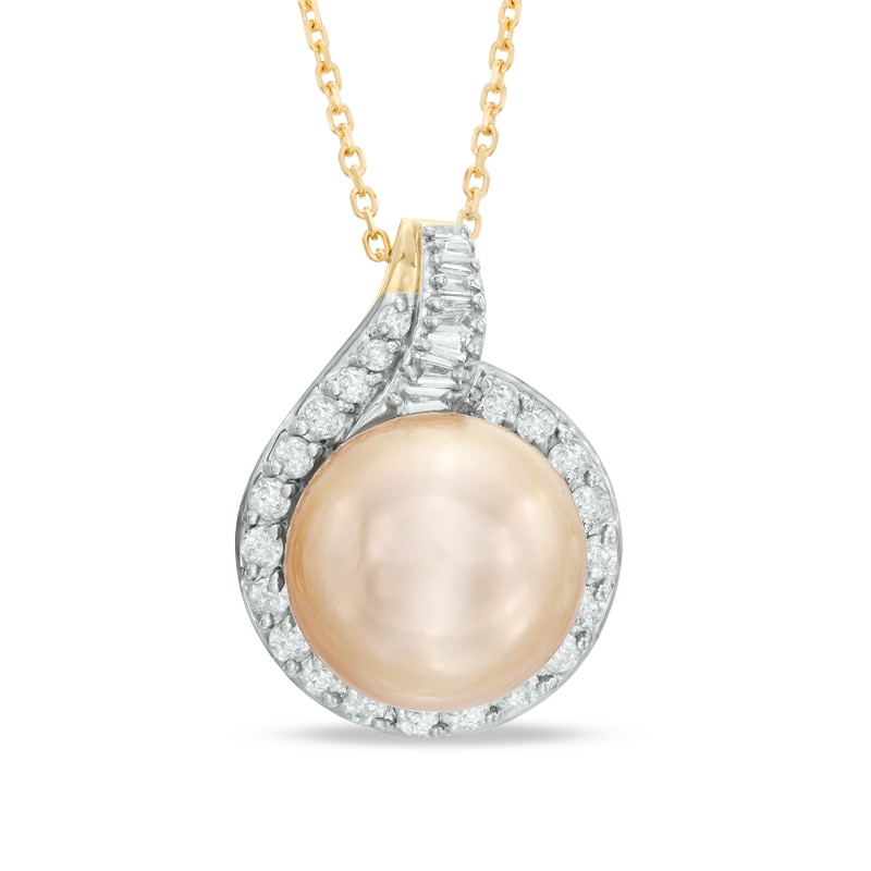 12.0mm Golden Cultured South Sea Pearl and 1/2 CT. T.W. Diamond Frame Pendant in 14K Gold