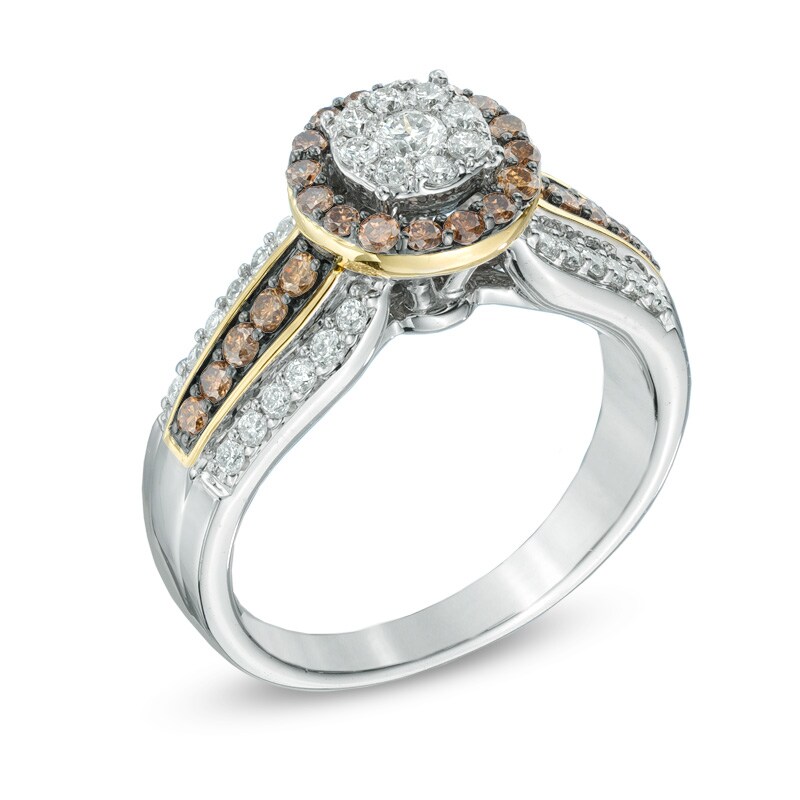 Main Image 2 of 7/8 CT. T.W. Champagne and White Diamond Cluster Frame Engagement Ring in 14K Two-Tone Gold
