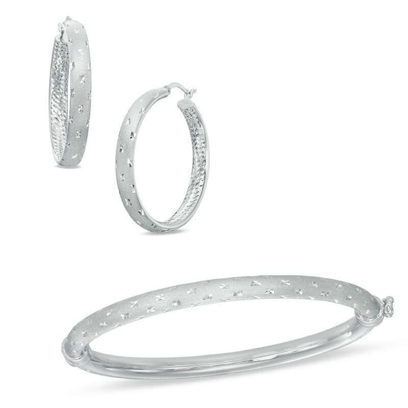 Main Image 1 of Satin Finish Bangle and Hoop Earrings Set in Sterling Silver - 7.5"