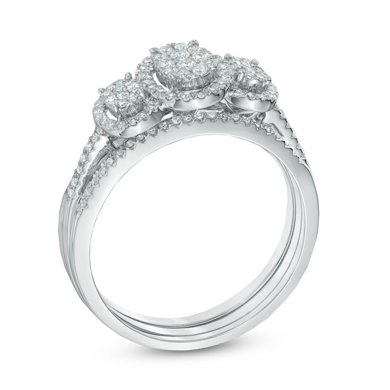 Main Image 2 of 1/2 CT. T.W. Diamond Oval Frame Three Stone Cluster Three Piece Bridal Set in 10K White Gold