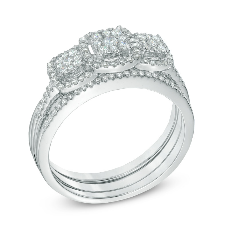 Main Image 2 of 1/2 CT. T.W. Diamond Frame Three Stone Cluster Three Piece Bridal Set in 10K White Gold
