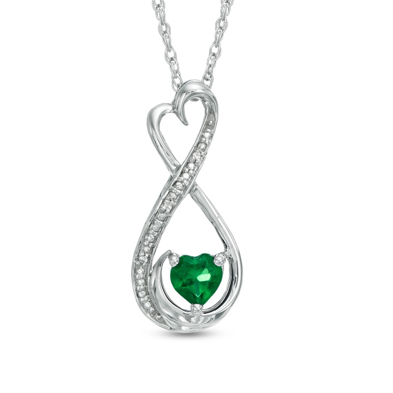 Main Image 1 of 5.0mm Heart-Shaped Lab-Created Emerald and Diamond Accent Infinity Heart "MOM" Pendant in Sterling Silver