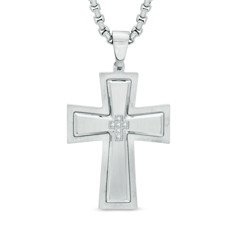 Main Image 1 of Men's Diamond Accent Cross Pendant in Stainless Steel - 24"