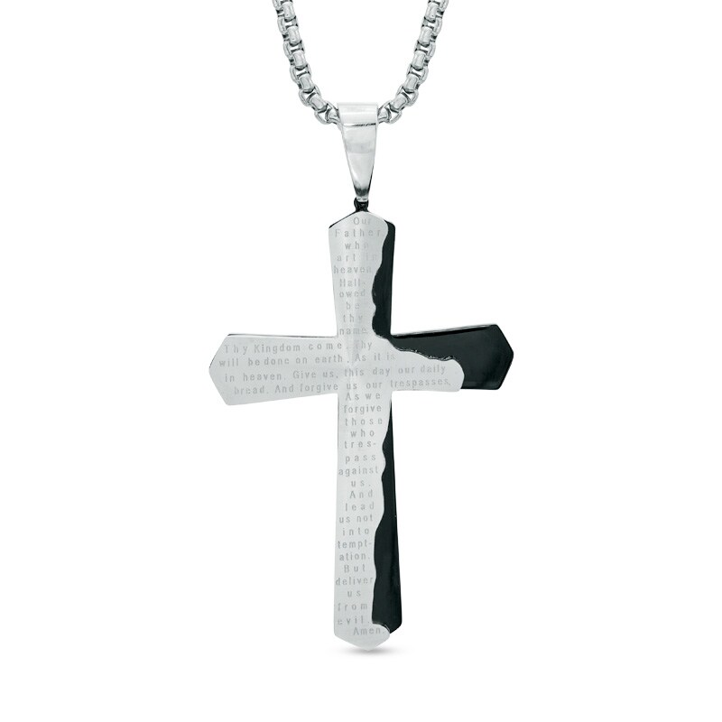 Men's Lord's Prayer Tablet Cross Pendant in Two-Tone Stainless Steel - 24"