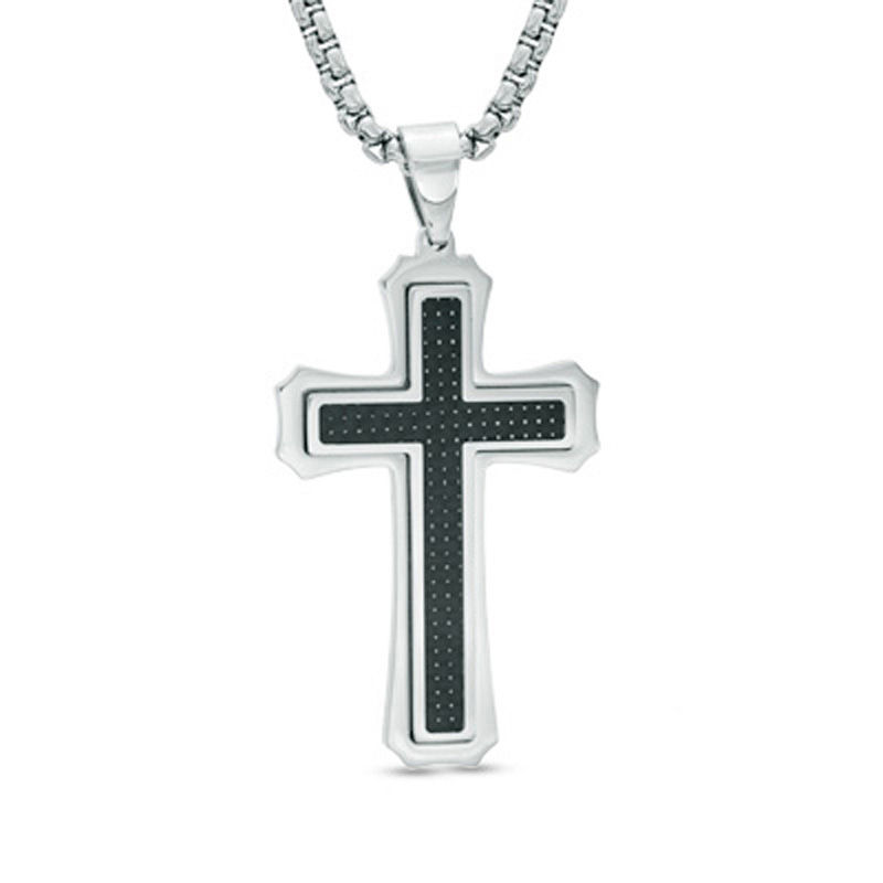 Main Image 1 of Men's Carbon Fiber Stacked Cross Pendant in Two-Tone Stainless Steel - 24"