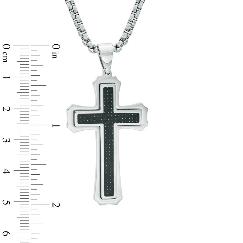 Main Image 3 of Men's Carbon Fiber Stacked Cross Pendant in Two-Tone Stainless Steel - 24"